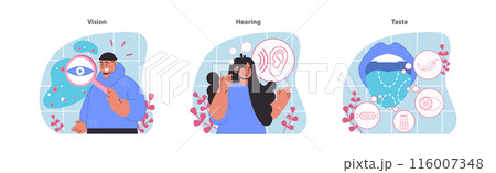 Exploring senses set. Visual, auditory, and gustatory systems in focus. Insight into human sensory perception and the science behind it. Flat vector illustration. 116007348