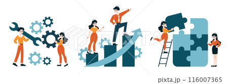 Problem Solving and Progress set. Team fixing issues and climbing success ladder. Conceptualizing solutions, overcoming challenges, completing tasks. Flat vector illustration 116007365
