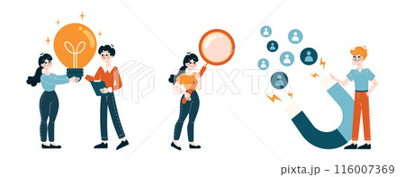 Innovation and Recruitment set. Energetic team sharing bright ideas and attracting talent. Focus on creativity, magnifying potential, and engaging new skills. Flat vector illustration 116007369
