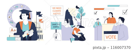 Political action set. Diverse people involved in global education, economic growth, environmental activism, democracy and diplomacy building. Sustainable development. Flat vector illustration. 116007370