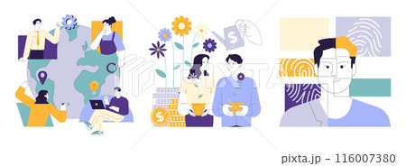 Social equity set. Civil society teamwork, environmental activism, and community engagement for better future and equal opportunities. Diversity and inclusion. Flat vector illustration Social equity set. Civil society teamwork, environmental activism, and community engagement for better future and equal opportunities. Diversity and inclusion. Flat vector illustration 116007380