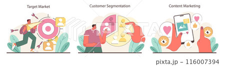 Marketing Strategies set. Visual scenarios of targeting, segmenting, and engaging in the digital realm. Insights into market precision, customer diversity, and content appeal. Flat vector illustration 116007394