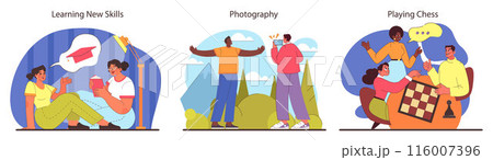 Friends exchanging knowledge, capturing memories with photography, and indulging in chess challenges. Social learning, scenic shots, and strategic games. Flat vector illustration. Friends exchanging knowledge, capturing memories with photography, and indulging in chess challenges. Social learning, scenic shots, and strategic games. Flat vector illustration. 116007396
