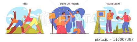 Friends activities set. Engaging in yoga, tackling DIY projects, and enjoying basketball games. Diverse hobbies for wellbeing, creativity, and sportsmanship. Flat vector illustration. 116007397