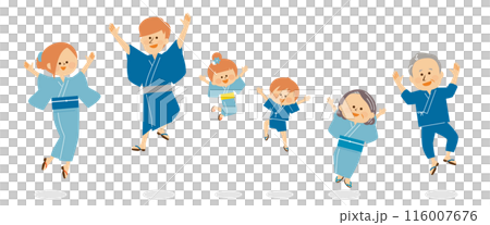 日本夏日祭 - 一家三口穿著浴衣跳躍的插圖 日本夏日祭 - 一家三口穿著浴衣跳躍的插圖 116007676