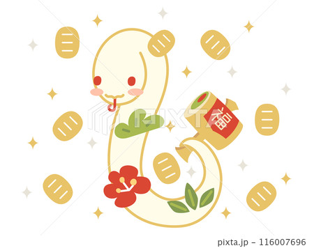巳年の年賀状などに使える金運アップをイメージした打ち出の小槌をもった蛇のイラスト 116007696