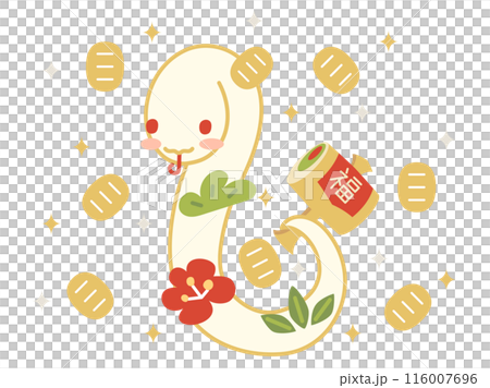 巳年の年賀状などに使える金運アップをイメージした打ち出の小槌をもった蛇のイラスト 116007696