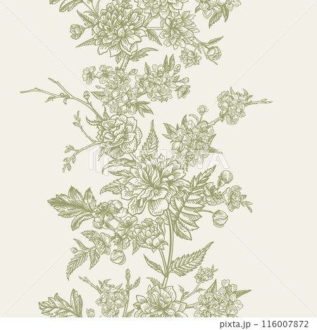 Vintage vertical seamless border. Cherry and kerry flowers. Green 116007872