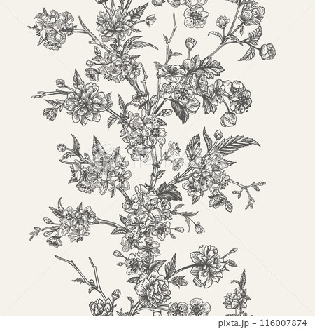 Vintage vertical seamless border with cherry and kerry flowers. Blooming branches of garden trees. Floral pattern. Botanical. 116007874