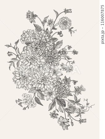 Autumn bouquet with blooming dahlia flowers and white honeysuckle berries. 116007875