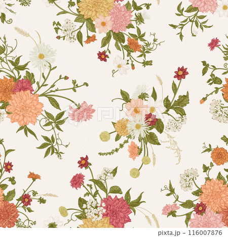 Seamless floral pattern with summer and autumn flowers. Colorful. Seamless floral pattern with summer and autumn flowers. Colorful. 116007876