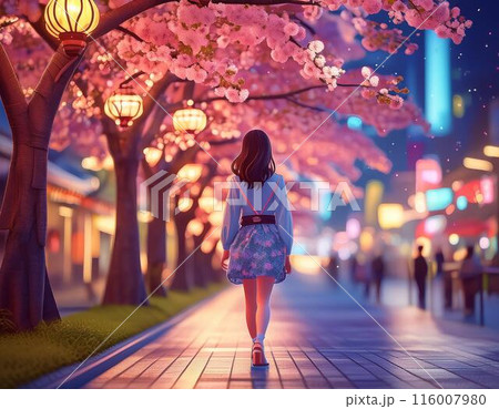 夜の街を歩く女性 後ろ姿のイラスト素材 [116007980] - PIXTA