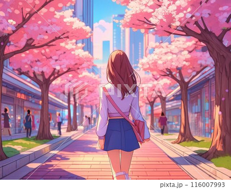 春の町を歩く女性のイラスト素材 [116007993] - PIXTA