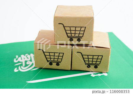 Online shopping, Shopping cart box on Saudi Arabia flag, import export, finance commerce. Online shopping, Shopping cart box on Saudi Arabia flag, import export, finance commerce. 116008353