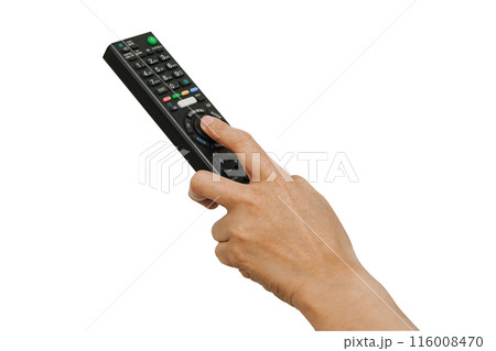 Asian woman use finger of left hand to press button on television remote control isolated on white background with clipping path. 116008470