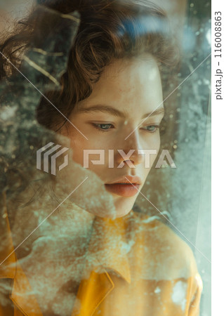 A woman with a yellow shirt is looking out a window 116008863