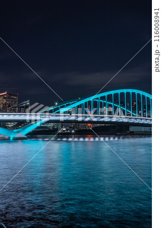 東京隅田川に掛かる築地大橋の夜景 116008941