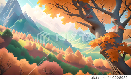 CGイラスト　紅葉の山が見える風景 116008982