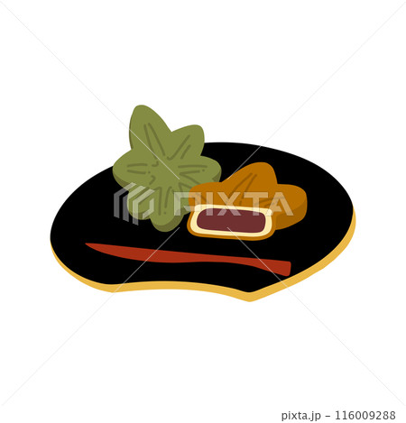 皿にのったもみじまんじゅうの手描きカラーイラスト 116009288