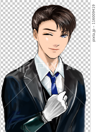 身穿燕尾服的英俊管家眨眼聽請求的肖像插圖 身穿燕尾服的英俊管家眨眼聽請求的肖像插圖 116009419