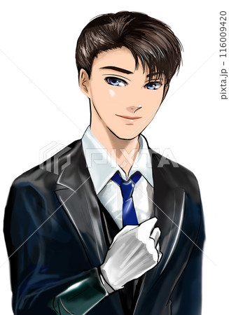 タキシードを着たイケメン執事が要望を聞くポートレートイラスト 116009420