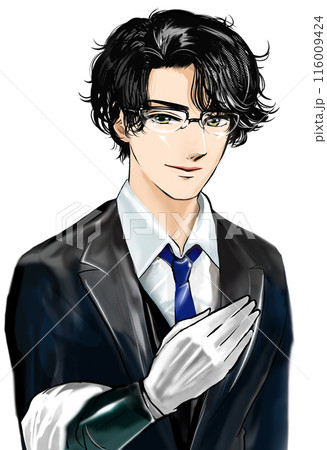 タキシードを着たイケメン執事が要望を聞くポートレートイラスト 116009424