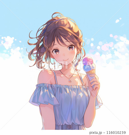アイスクリームを片手に微笑む女の子 116010239