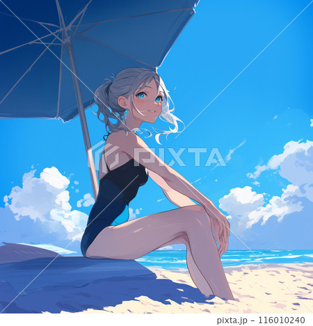 ビーチで涼む水着の女の子のイラスト素材 [116010240] - PIXTA