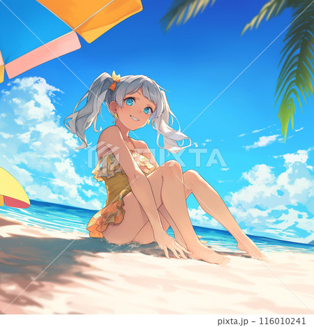 ビーチでくつろぐ水着の女の子のイラスト素材 [116010241] - PIXTA