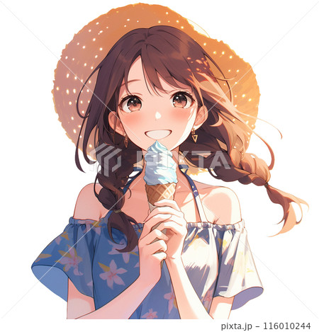 笑顔でソフトクリームを持つ女性 116010244