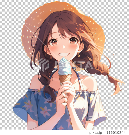 Smiling woman holding soft serve ice cream 116010244