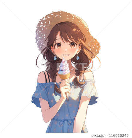 笑顔でソフトクリームを持つ女性 116010245