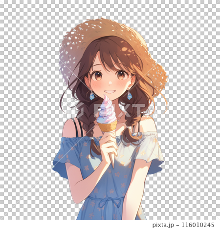 Smiling woman holding soft serve ice cream 116010245