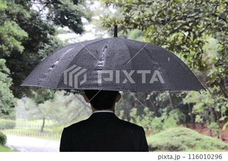 雨の中、傘をさして公園を歩くサラリーマン 116010296