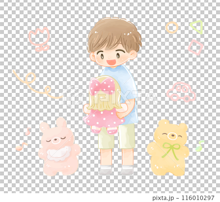 Boy playing with dolls and stuffed toys 116010297