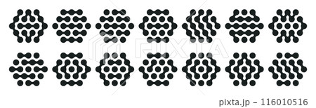 Abstract metaball hexagon shapes. Liquid spotted graphic design elements, connected liquid molecule figures flat vector illustration set. Modern tech metaball icon shapes 116010516