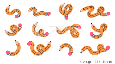 Twisted pencils. Curved funny pencils, intertwined yellow simple pencil, cute school supplies flat vector illustration set. Funky twisted pencils 116010546