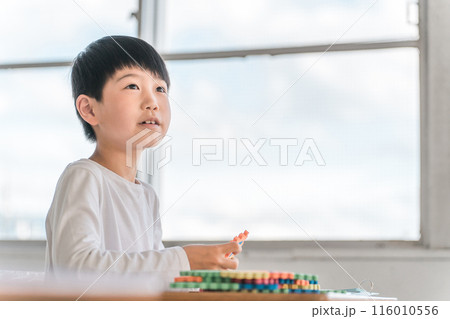 アルファベットのおもちゃで英語・英単語を覚える小学生低学年の男の子（知育） 116010556