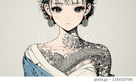 ヘビ柄の刺青を背中に入れた若い女性