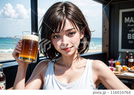 AI生成｜ビールを飲む若くて可愛い女性イメージ 116010768