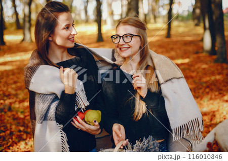 Beautiful girls in a park. Cute ladies in a stylish clothes. Beautiful girls in a park. Cute ladies in a stylish clothes. 116010846