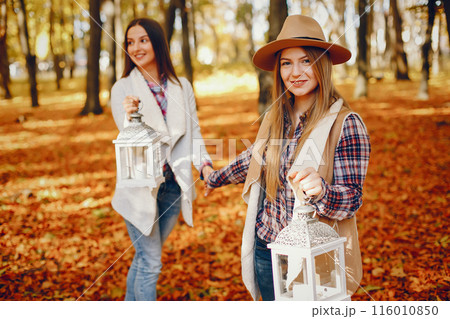 Beautiful girls in a park. Cute ladies in a stylish clothes 116010850