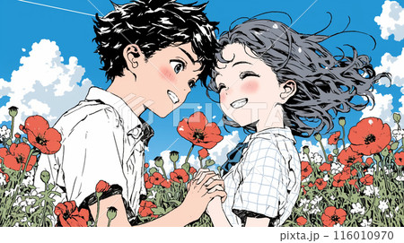 ポピー畑でデートをしている初々しい恋人たち