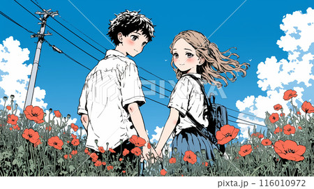 ポピー畑でデートをしている初々しい恋人たち