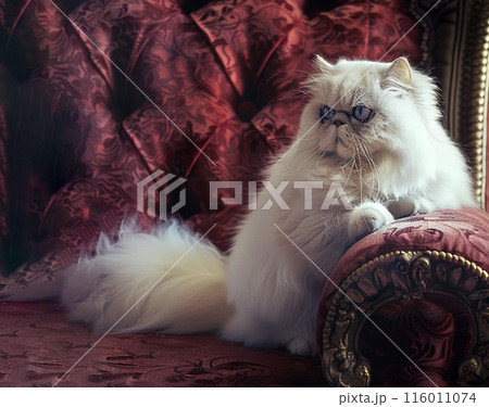 Fluffy white persian cat with bright blue eyes sits regally on a plush armchair. Pet. Animals. 116011074