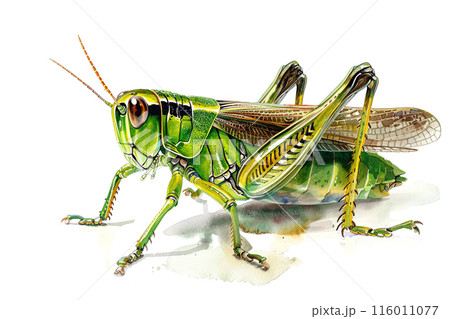 Watercolor painting of a green grasshopper onのイラスト素材