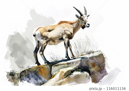 Watercolor painting of a mountain goat isolated on white background. Wildlife Animals. 116011136