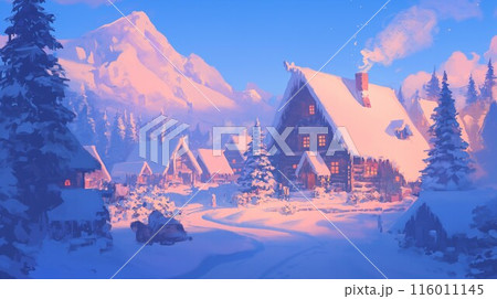 雪の残る山小屋と山々 雪の残る山小屋と山々 116011145