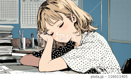 受験勉強とか残業をしている若い女性：寝落ち中