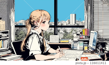 受験勉強とか残業をしている若い女性